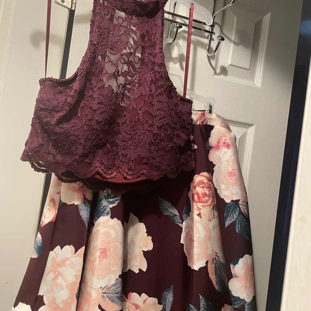 Burgundy Lace Top and Floral Skirt Set